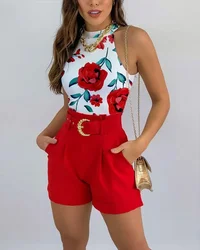 Floral Print Two-Piece Outfit - Sleeveless Halter Neck Top with Adjustable Tie, Belted High Waist Shorts with Pockets