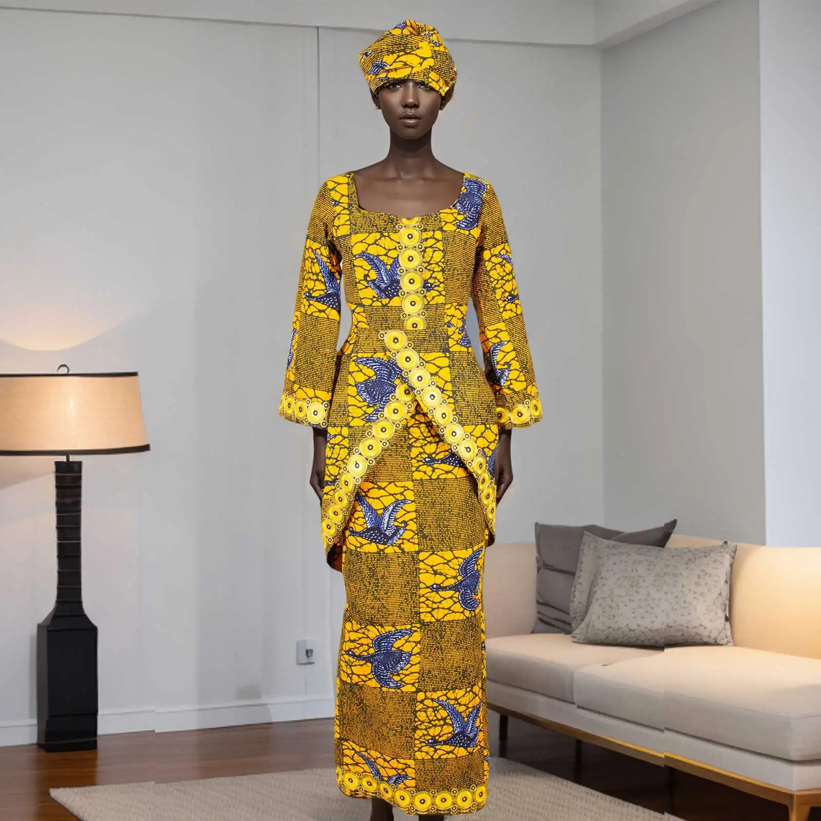 African Women Traditional Outfits Ankara Print Long Sleeves Embroidery Dress and Slim Skirt Boubou Robe Abaya Femme Set 2426022