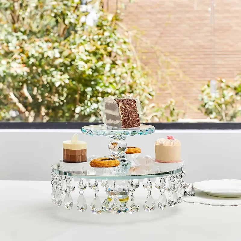 2 Tier Round Crystal Cake Stand with Beads Elegant Wedding Dessert Display Plate for Party Dining Table Decoration Event