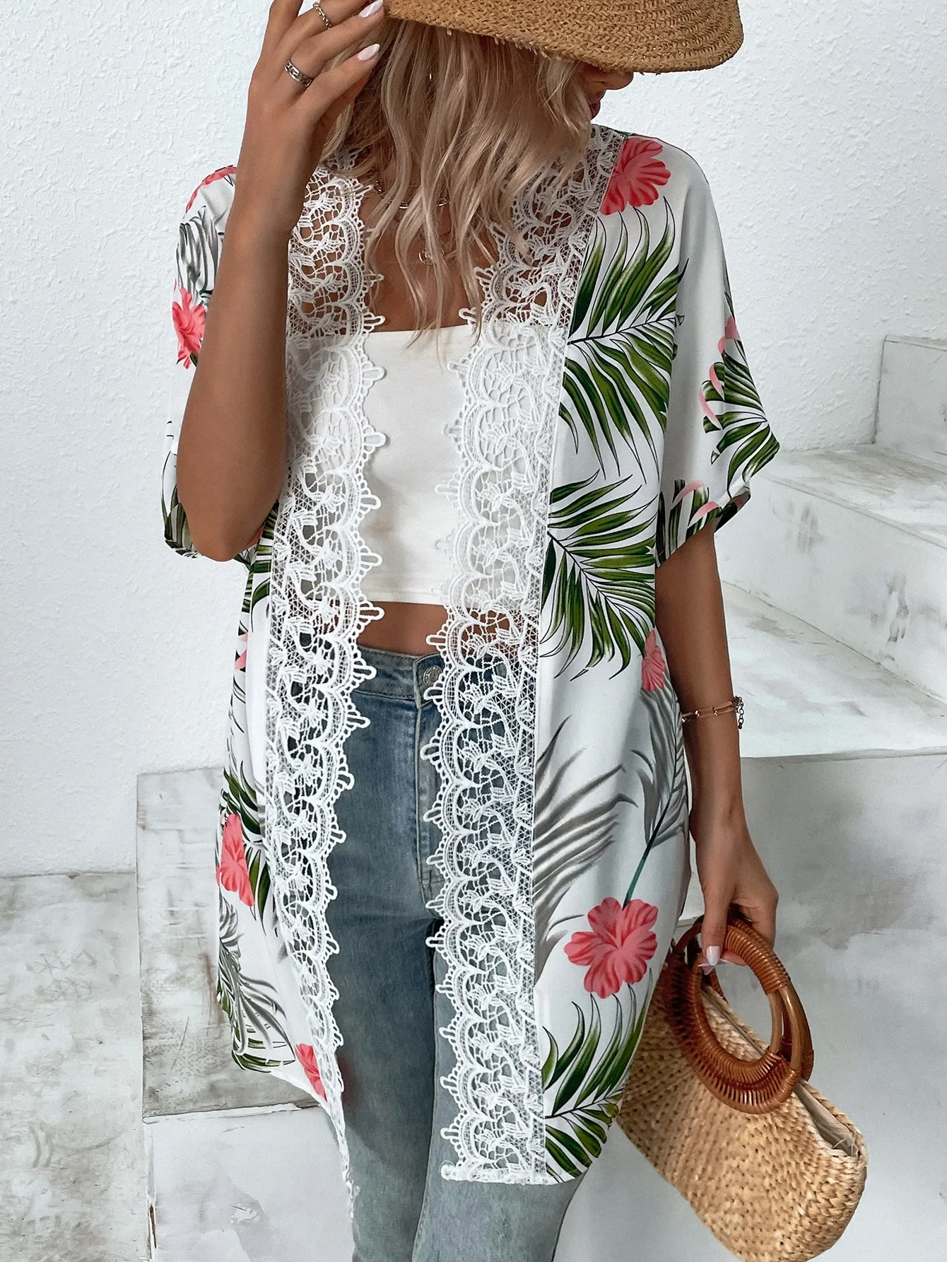 Summer Bohemian Lady Clothing Women\'s Beach Flower Print Lace Patchwork Fashionable Vacation Shirt Cardigan