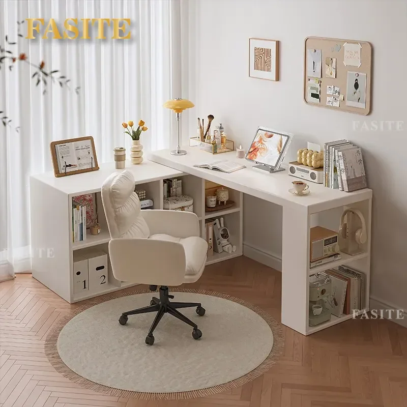 For Solid Wood L Shaped Desk with Bookcase Corner Computer Workbench for Bedroom Home Office Study Space Saving Storage Girls