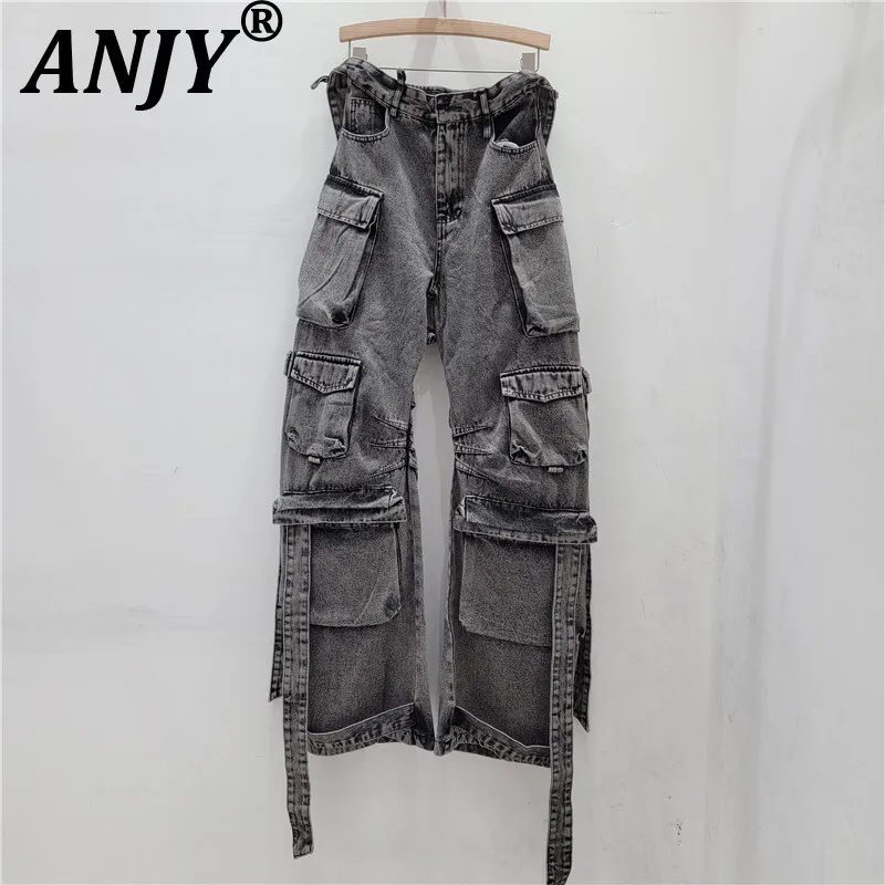 

ANJY Autumn New Women Fashion Streetwear Niche Design Washed Distressed Multi-Pocket Jeans Safari Style Trendy Denim Pants A7770