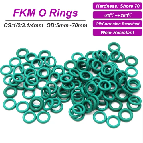 10 Uds. Junta tórica verde FKM CS 1/2/3,1/4mm OD 5-70mm resistente al aceite ácido resistente a álcalis junta tórica de goma fluorada junta de sellado