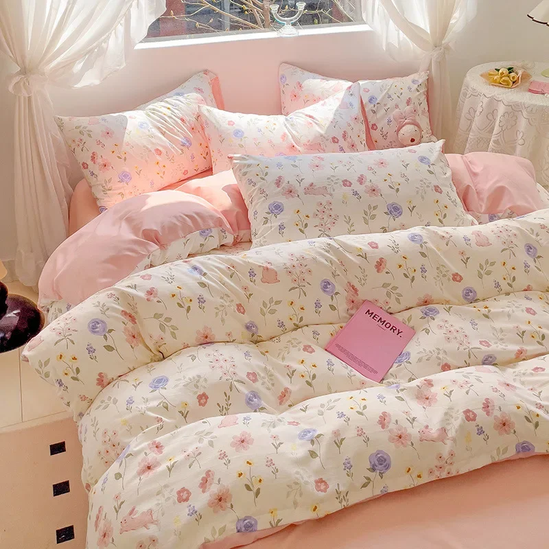 2024 new popular Class A maternal and infant grade washed wrinkled cotton four-piece set small floral quilt cover mattress model