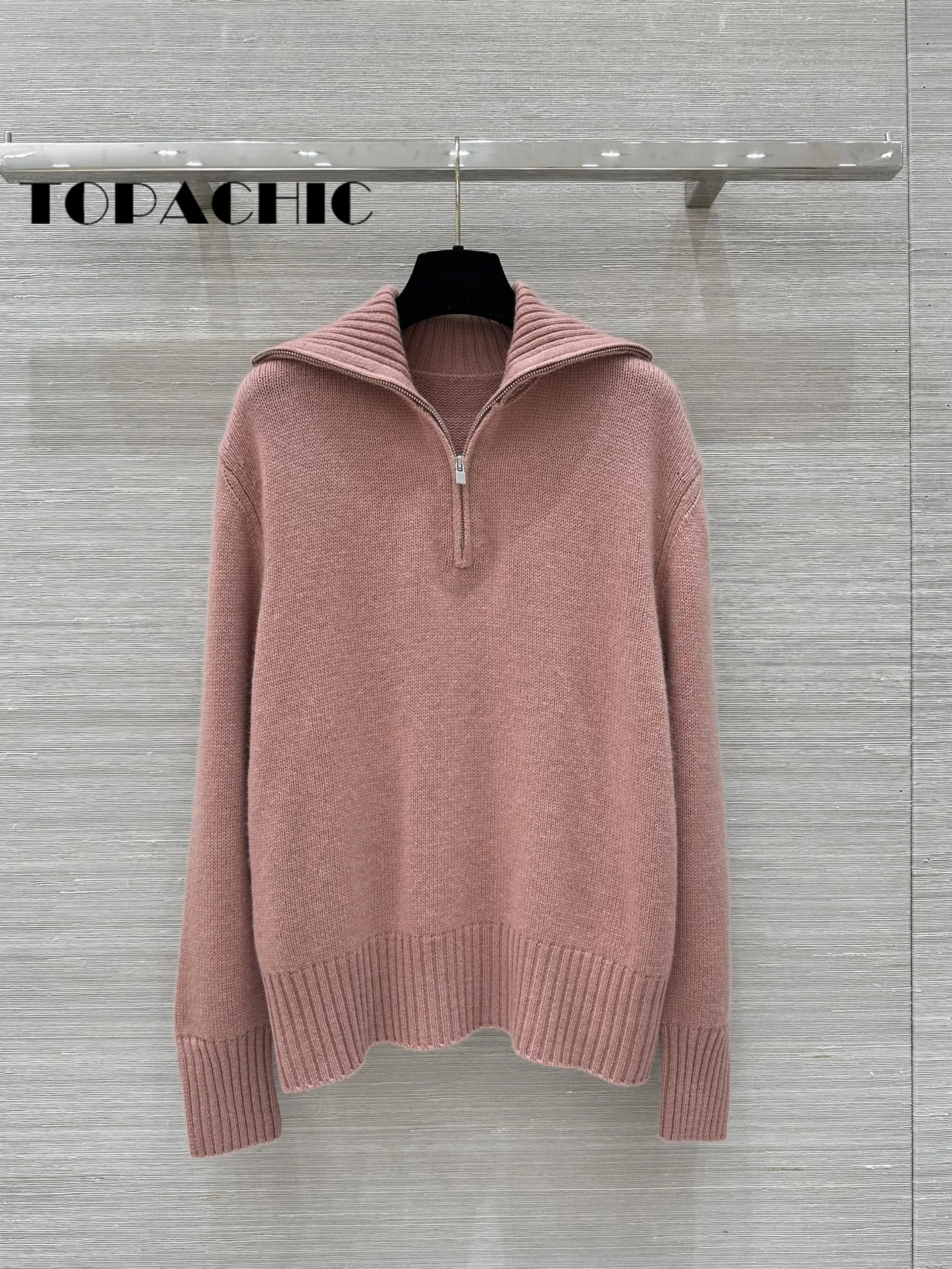 5.8 TOPCHIC-Women Solid Color Half Zipper Lapel Cashmere Knitwear Cuff Split Soft Comfortable All-matches Knitted Sweater