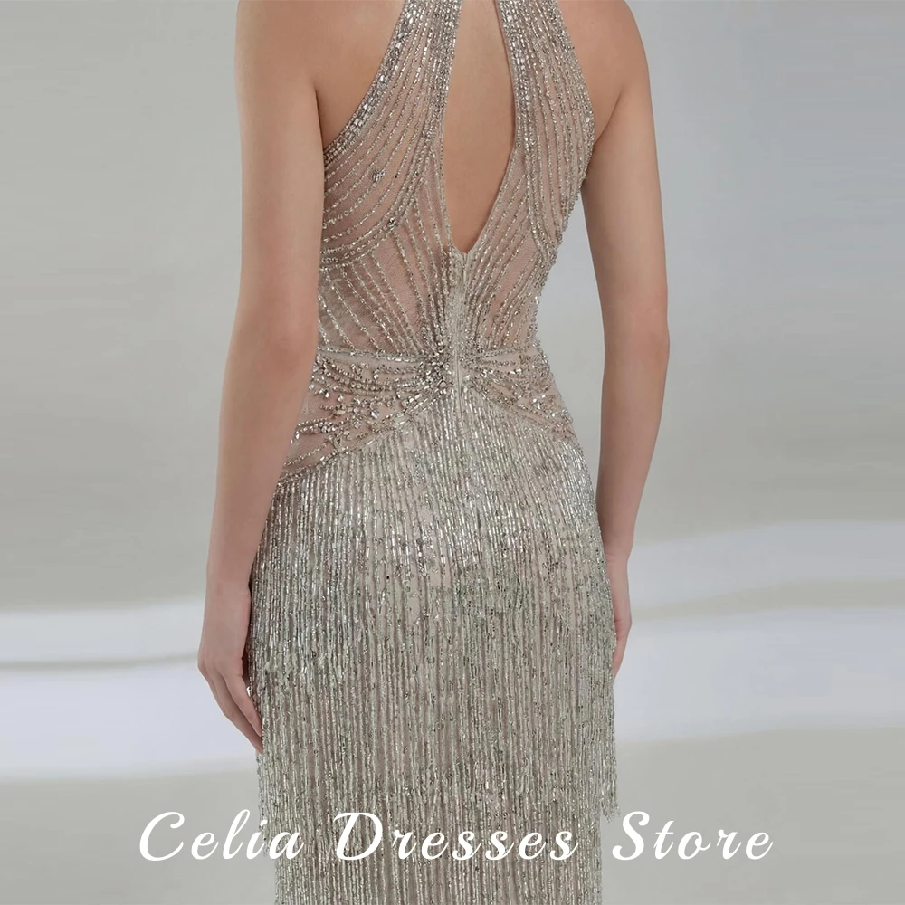 Exquisite Mermaid Evening Dress Temperament Halter Sleeveless Crystal Customized Celebrity Gowns  See Through Tassel Party Gown
