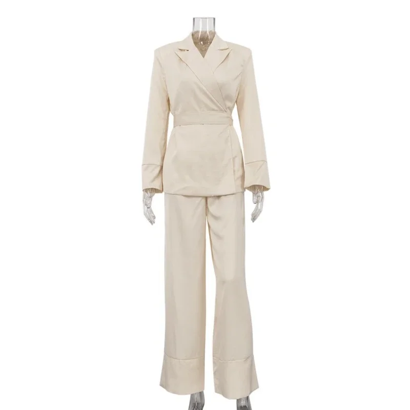 ชุดทำงานผ้าซาตินหรูหรา สไตล์ผู้หญิงสง่างาม คอวี เสื้อแขนยาวผูกโบว์ กางเกงขายาวทรงหลวม ชุดเซ็ตสองชิ้น