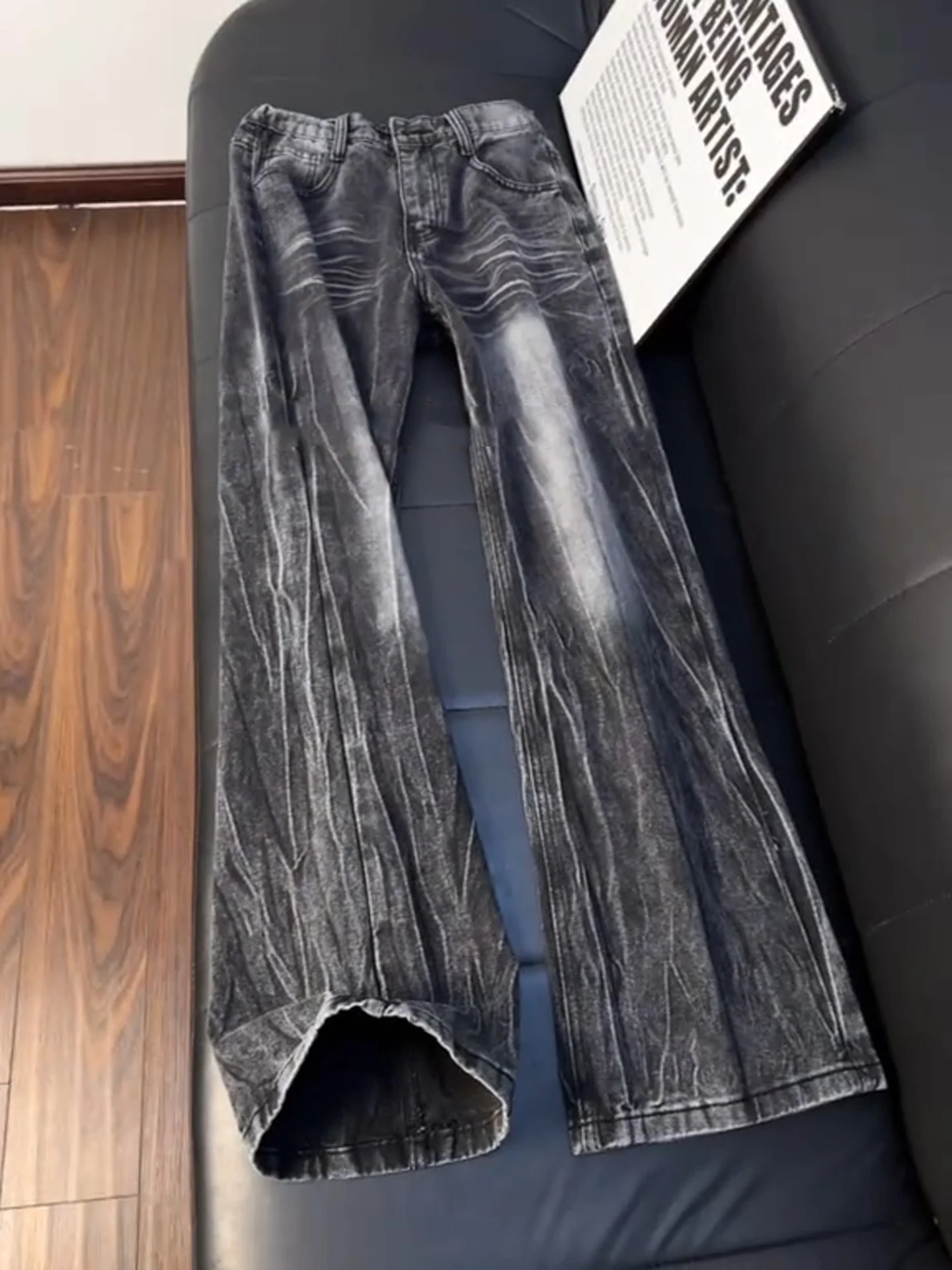 

Retro American Lightning Pattern Fce Lined Men's Jeans Vibe Street Sle Straight Leg Micro Flared Trousers for Autumn Winter