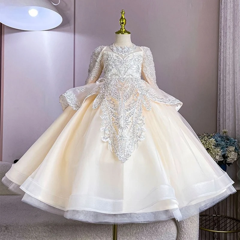 Children Girls Dress Princess Gown Long Sleeve Flower Girl Wedding Dress Kids Gown Piano Performance Formal Party Celebration
