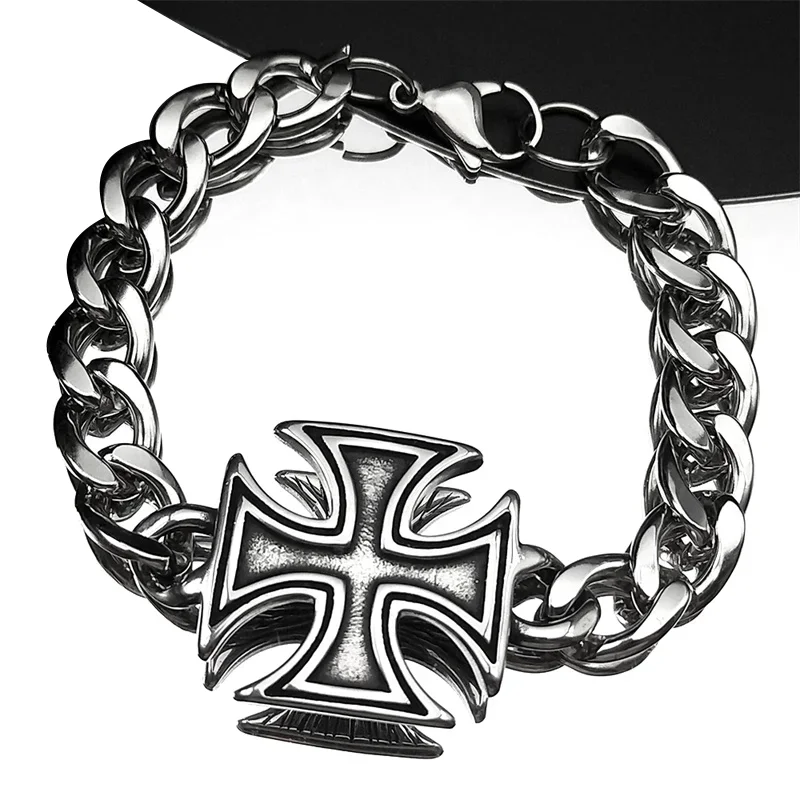 Hip Hop Cuban Chain Stainless Steel German Iron Cross Medal Bracelet for Men Silver Color Punk Bangles Hand Chain Jewelry Gift