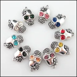 Fashion 10Pcs Mixed Crystal Tibetan Silver Plated Halloween Skull Flower Charms Pendants 13x22mm HCJBAB