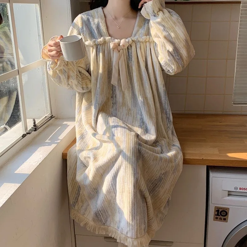 Coral Fleece Nightgown - New Winter Style, Thick and Sweet Long Dress, Flannel, Can Be Worn Outside, Home Wear.