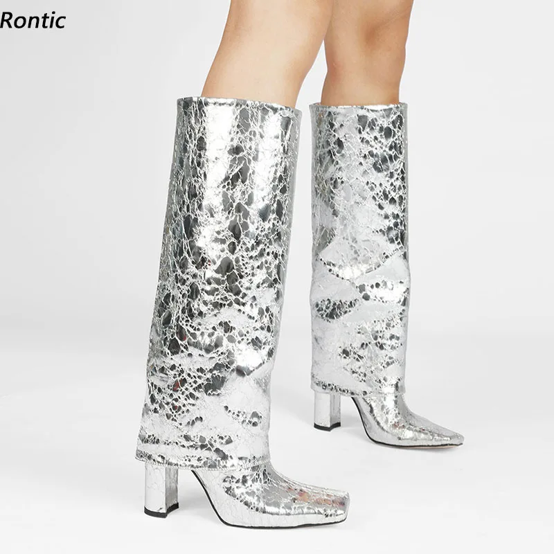 

Rontic Новые модные женские зимние сапоги до колена с трещинным узором на массивном каблуке с квадратным носком, великолепная обувь для вечеринок золотого, серебряного цвета, размер США 5-15