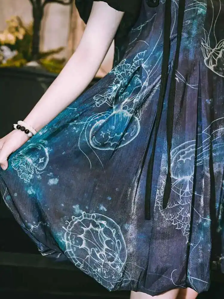 

New Chinese Style National Style Han Elements Guofeng Blue Sweet Cool T-shirt Dress Summer Thin Flower Bud Skirt Jellyfish Print