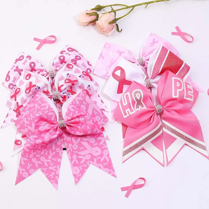 20Pcs Breast Cancer Awareness Hair Bows with Elastic Band For Women Girls Pink Cheer Hair Ties Ladies Ponytail Holder Headwear