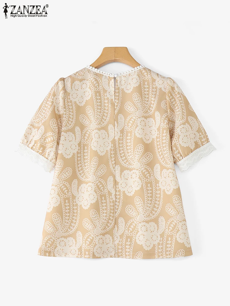 ZANZEA Vrouwen Kant Patchwork Tops Korte Mouw Blusas 2025 Mode Gedrukt Blouses Casual Losse Tuniek Vintage O-hals Trui
