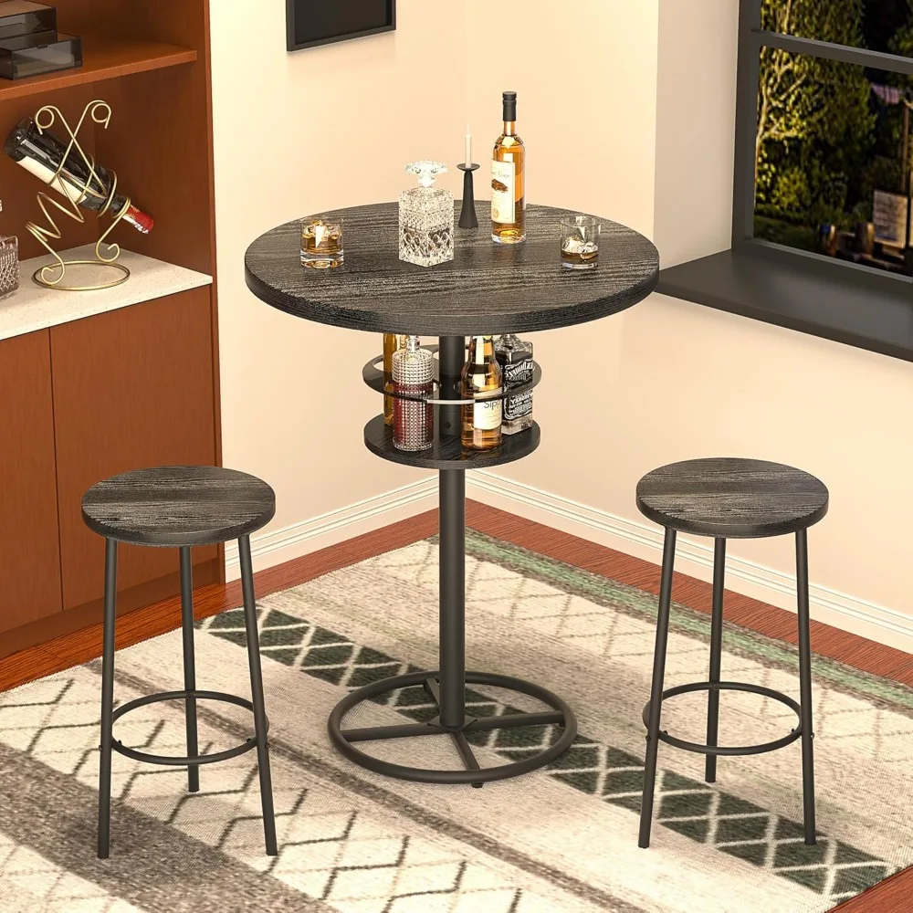 3 Piece Bar Table and Chairs Counter Height Bistro Pub Sets with 2 Barstools for Breakfast Nook, Small Space, Apartment