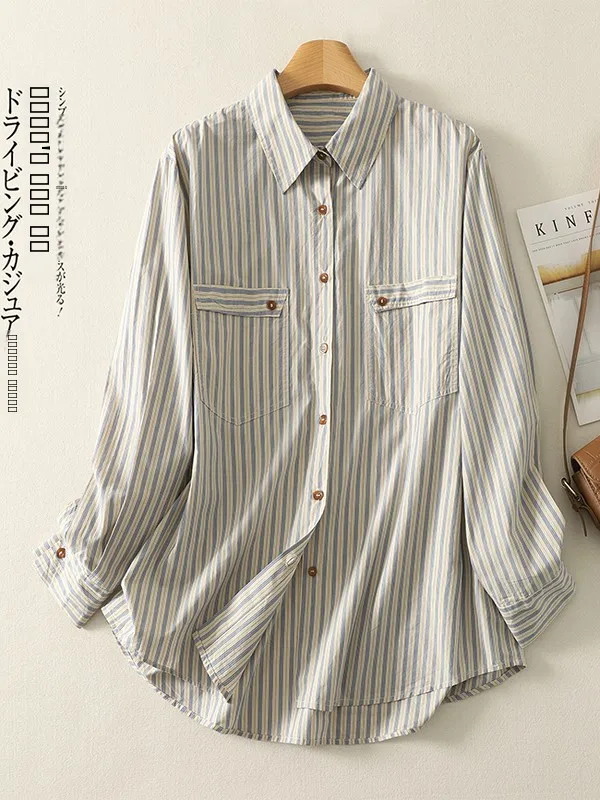 

Women's Mid-Length Pure Cotton Striped irt Double ket Turn-down Collar Patchwork Long Sve Breathable Casual irt