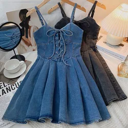 Denim Spaghetti Strap Dress Women's Summer 2024 New Korean Drawstring Versatile Short Dresses Sweet  Sleeveless Solid Vestido