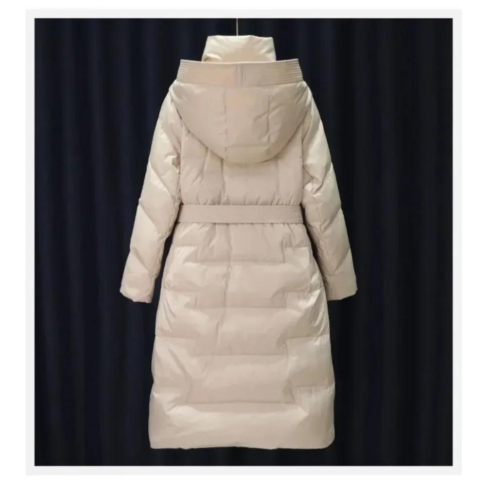 Fashion Casual New Winter Women Thick Warm Coat White Duck Down Long Jacket with Belt Luxury Slim Parka Hooded Outerwear Female