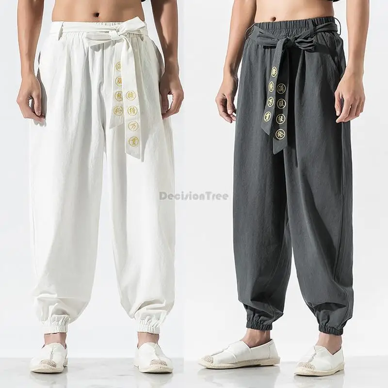 

2023 chinese retro loose fashion style slacks men's plus-size harem long pants simple casual tang suit embroidery pants men w35