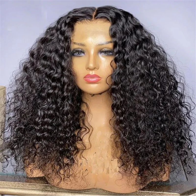 Peruca dianteira do laço longo Kinky Curly para mulheres, preto natural, cabelo do bebê, resistente ao calor, sem cola, pré-arrancadas diariamente, 180 densidade, 26"