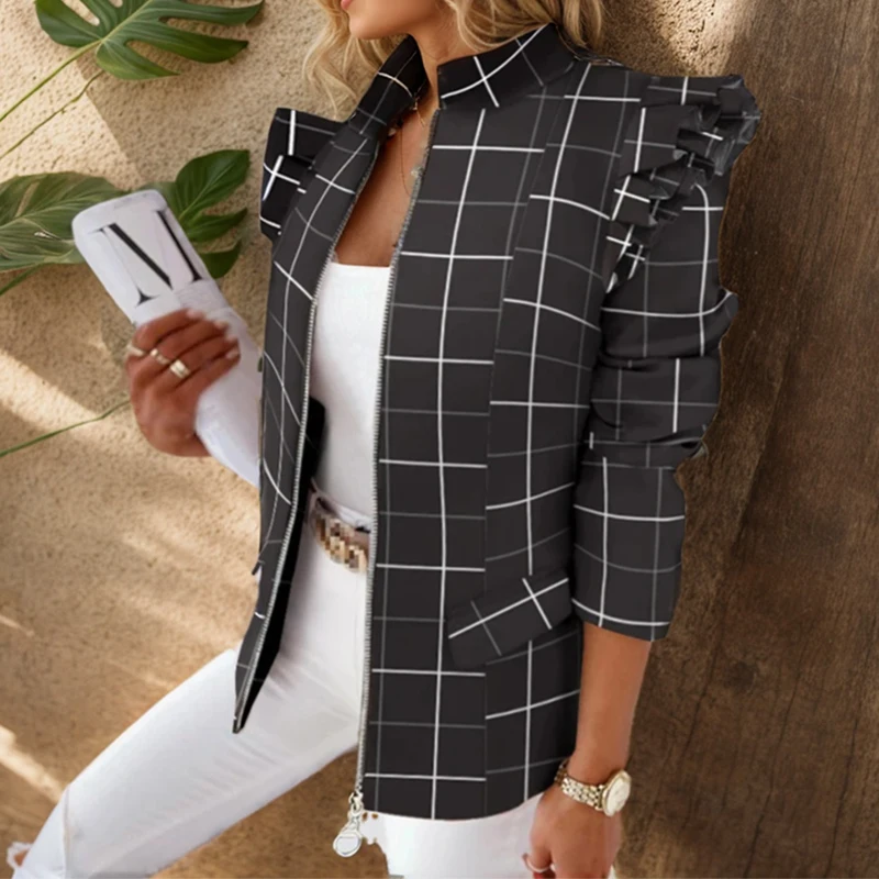 Elegant Office Lady Stand Collar Blazer Coat 2022 Spring Autumn Long Sleeve Ruffle Cardigan Women Plaid Print Zipper Tops Jacket