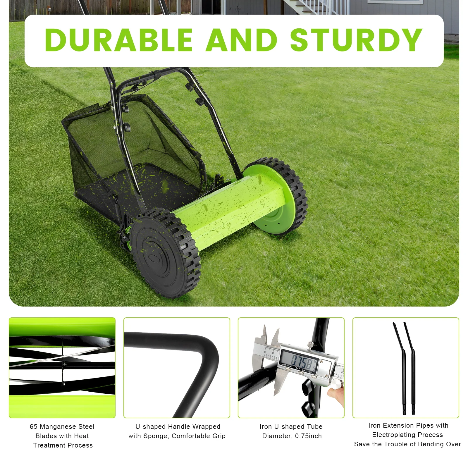 

Manual Lawn Mower 11.8in Cutting Width 5 Blades 65 Manganese Steel with 6Gal Grass Catcher Adjustable Height 0.47-1.77in for Garden Green