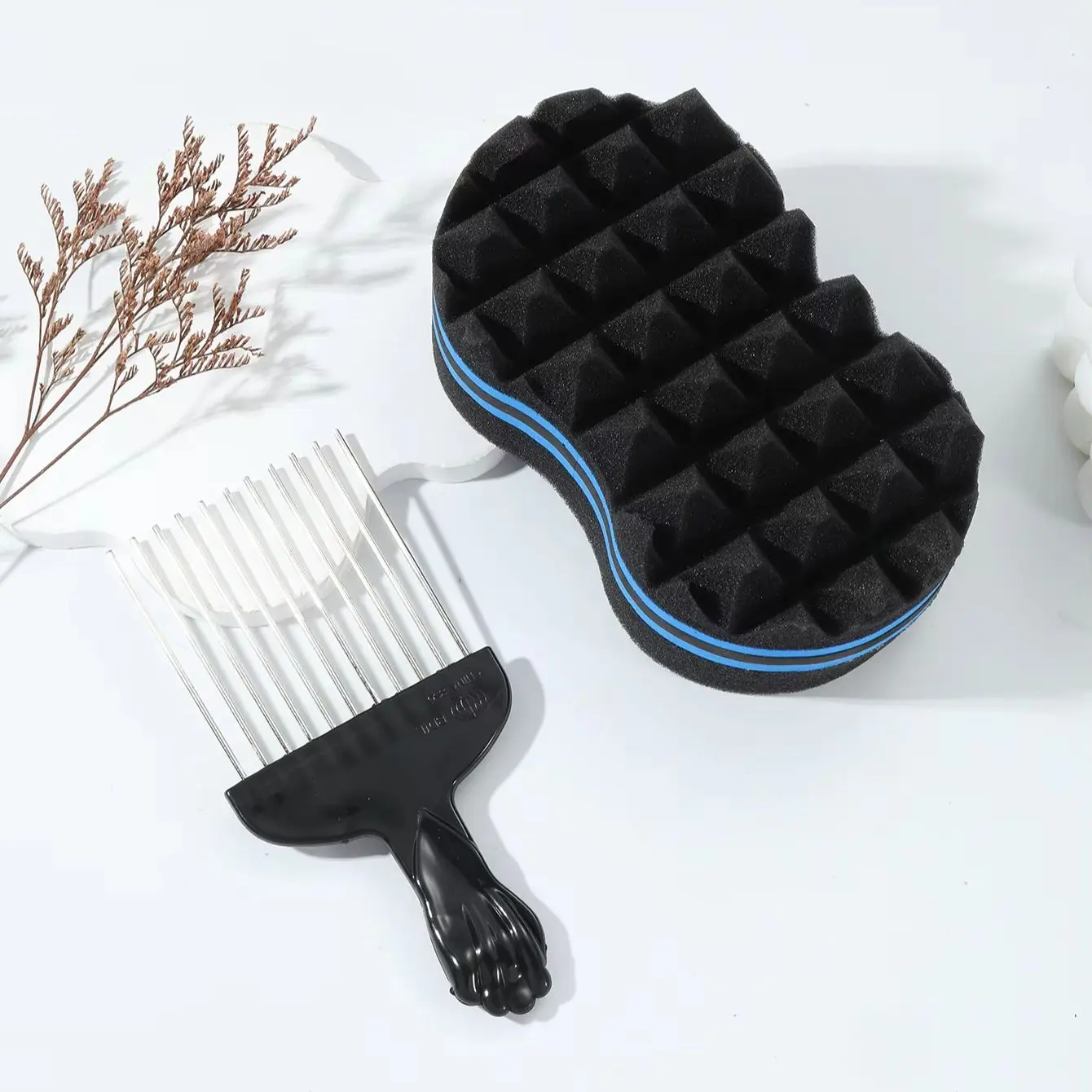 

2pcs Afro Hair Styling Set:Curl Sponge & Stainless Steel Pick Comb Styling Tool For Afro Curl Special for real hair wigs