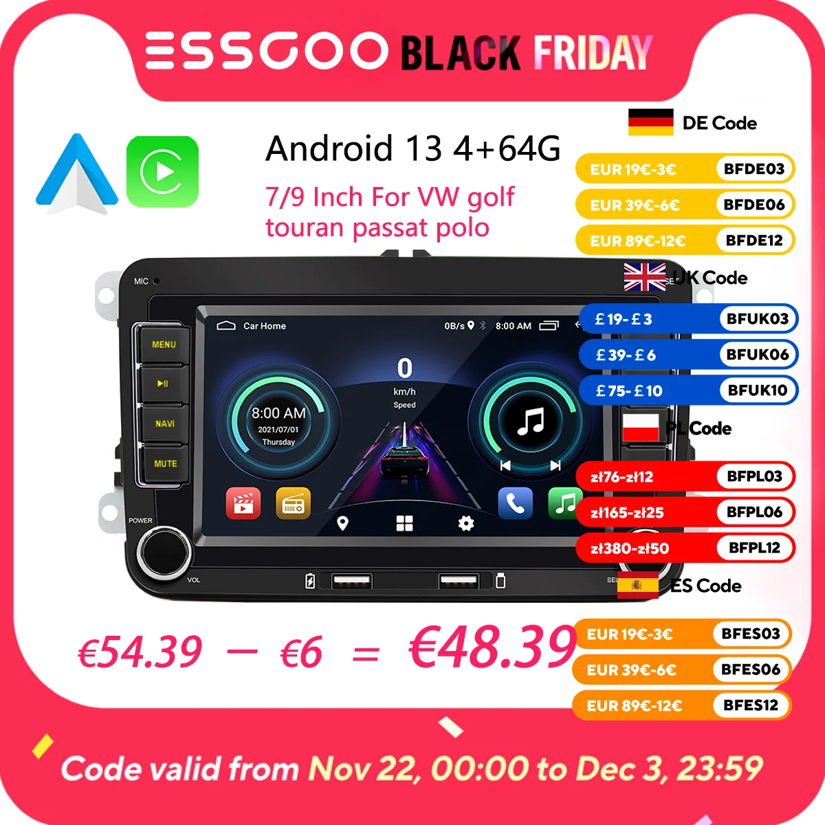 ESSGOO Android 13 4G 64G For Volkswagen Passat b6 b7 golf 5 6 Polo Jetta Skoda Car Radio Multimedia Player GPS WiFi RDS Carplay