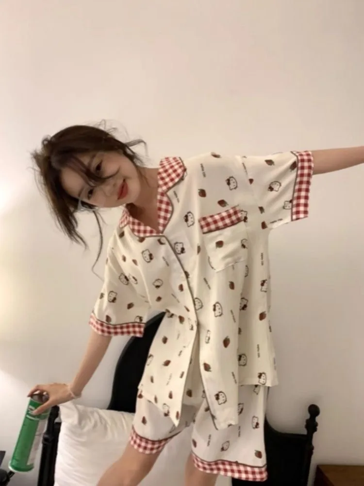 Women's Pajama Set Fashion Homewear Short Sleeve Pajama Cotton Cartoon Bear 2026 New Summer Dopamine Color Blocking Comfortable