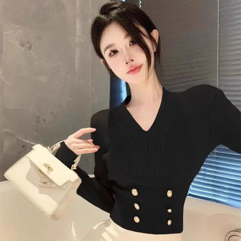 

Women Autumn Winter Simplicity Office Lady V-neck Solid Color Long Sleeve Knitwear Ladies Fashion All-match Temperament Tops