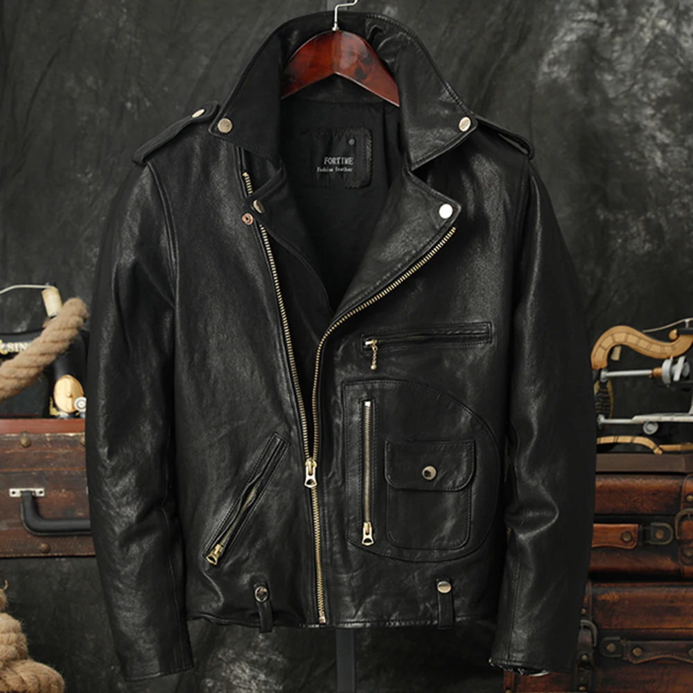 Italian Imported Sheepskin Motorcycle Jacket Coat Zipper Pocket Personality Fashion Sheep Leather Jacket for Men Winter Overcoat