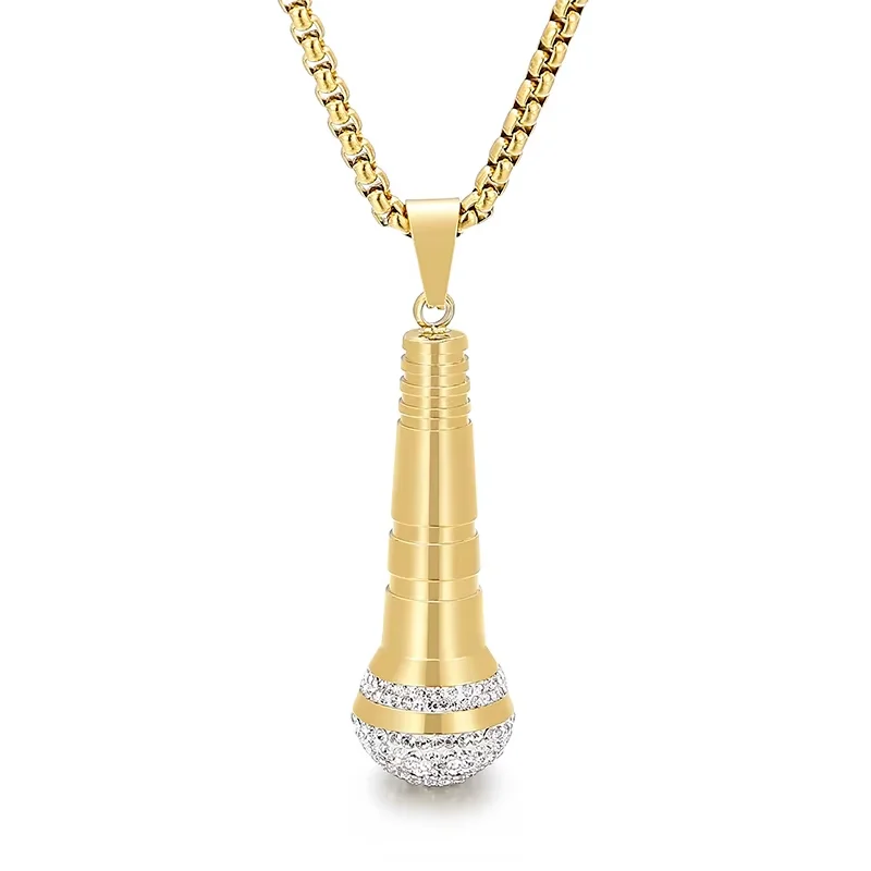 Fongten Microphone Men's Necklace Stainless Steel Inlaid Rhinestone Metal Pendant Necklace For Women Men Multiple Color Jewelry