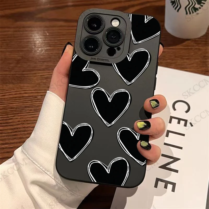 Luxury Black Love Heart Soft Silicone Phone Case For iPhone 15 14 13 12 11 Pro Max Mini XR X XS Max 7 8 Plus Shockproof Cover