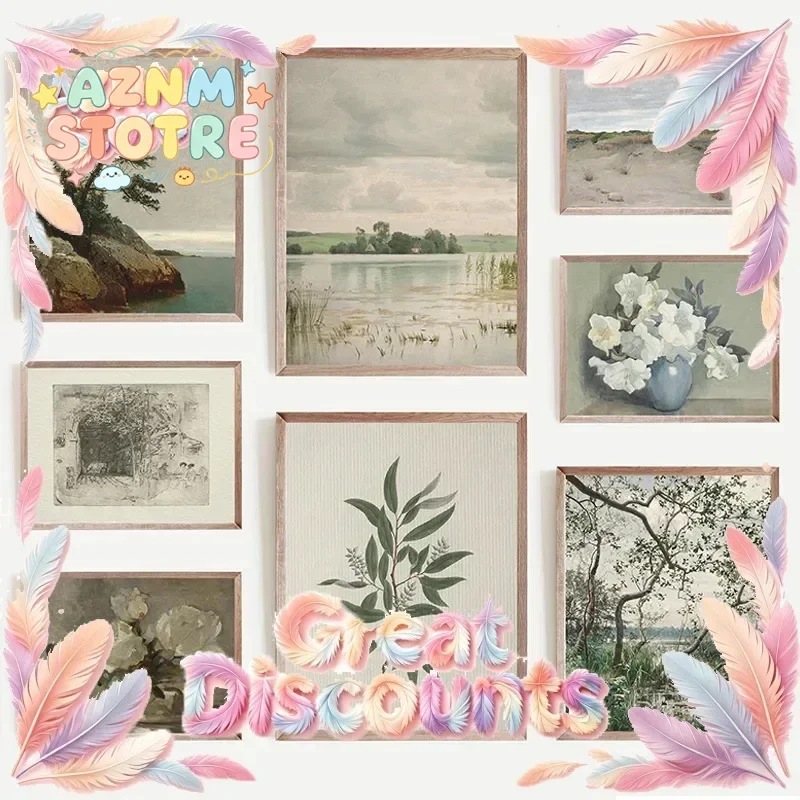 Vintage French Country Landscape Light Neutral Set Poster and Prints Canvas Painting Wall Art Floral Picture for Room Home De