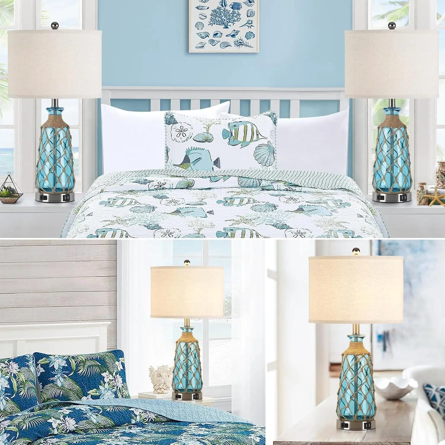 Blaugrüne Bubble-Glas-Tischlampe mit dimmbarer Touch-Steuerung, USB-Anschlüssen und AC-Steckdose für Schlafzimmer und Wohnzimmer