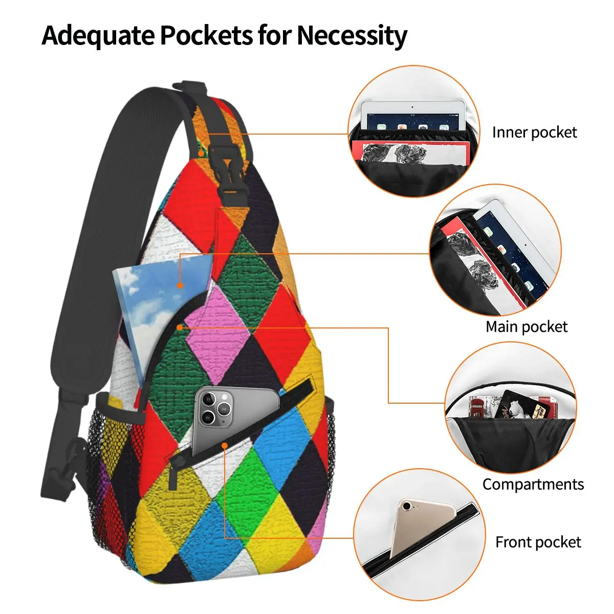 Venetian Mask Mardi Gras Harlequin Pattern Chest Bag Men Sling Crossbody Backpack Chest Bag Travel Hiking Daypack Shoulder Bag