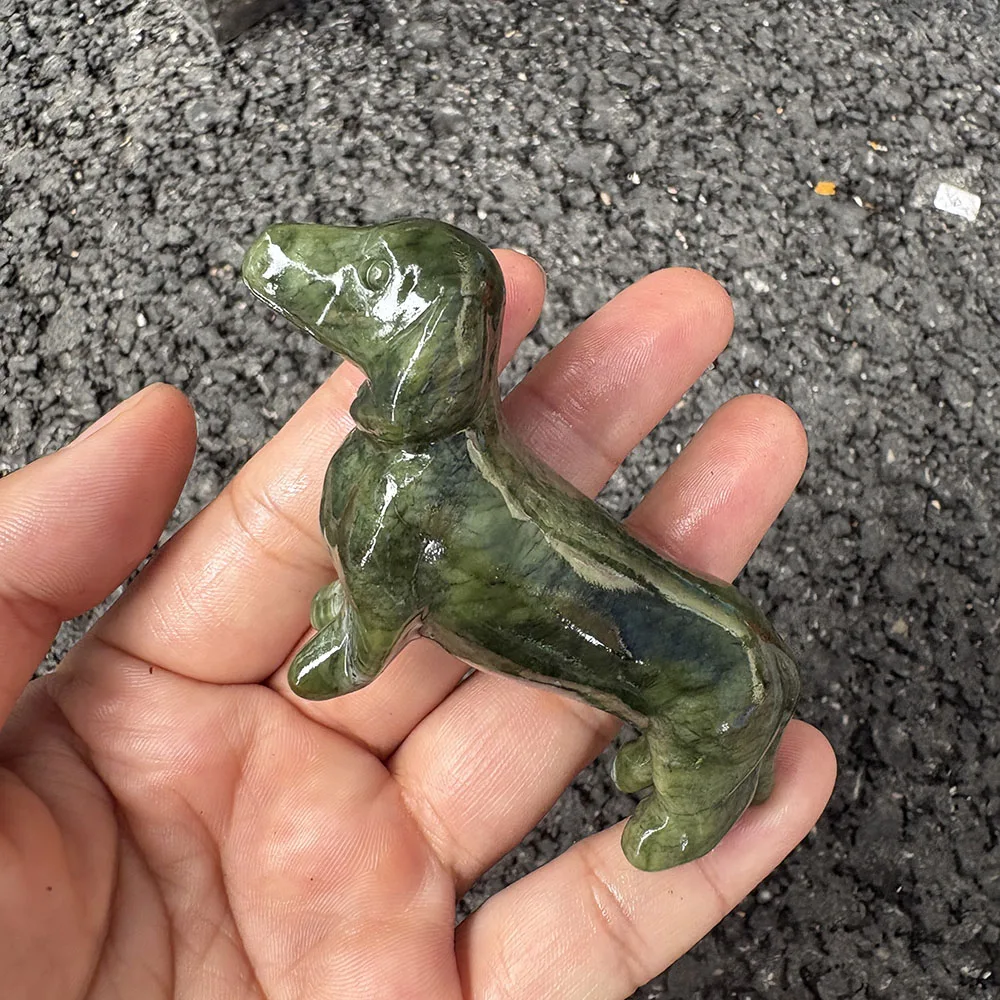 Custom Handcrafted Natural Xiuyan Jade Dachshund Dog Figurine - 8cm Cute Gemstone Puppy Statue Collectible Home Decor