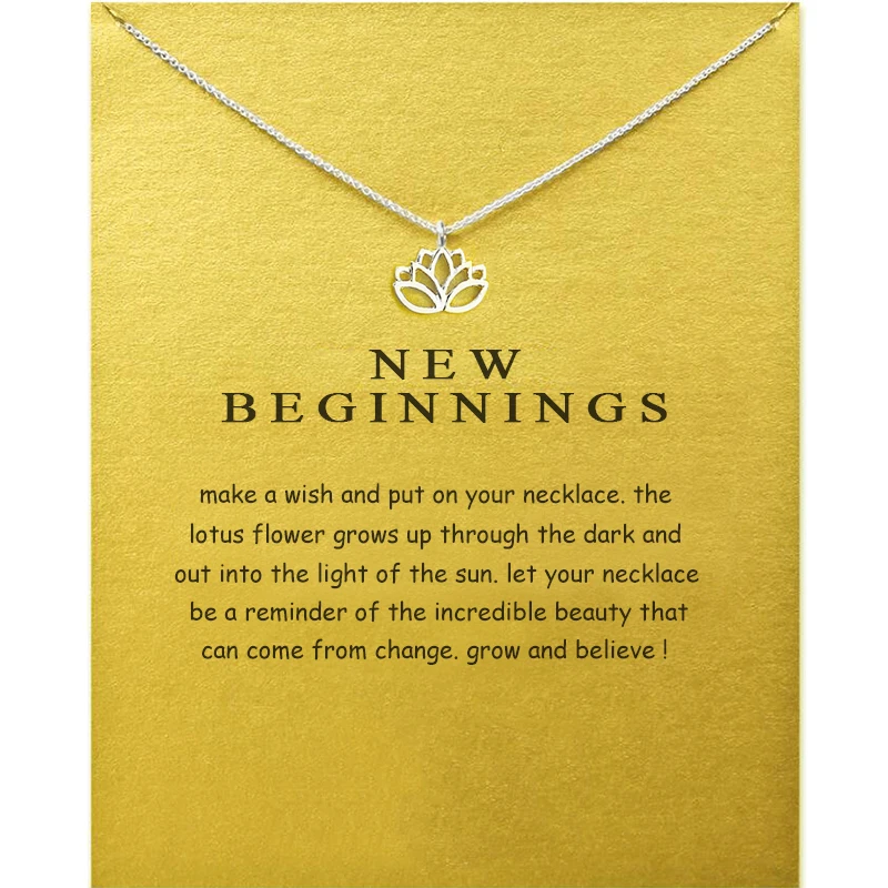 Dainty Symmetrical lotus flower Alloy Charm Pendant Necklaces For Girls Present Gift with Message Card Gold Plated Power Jewelry