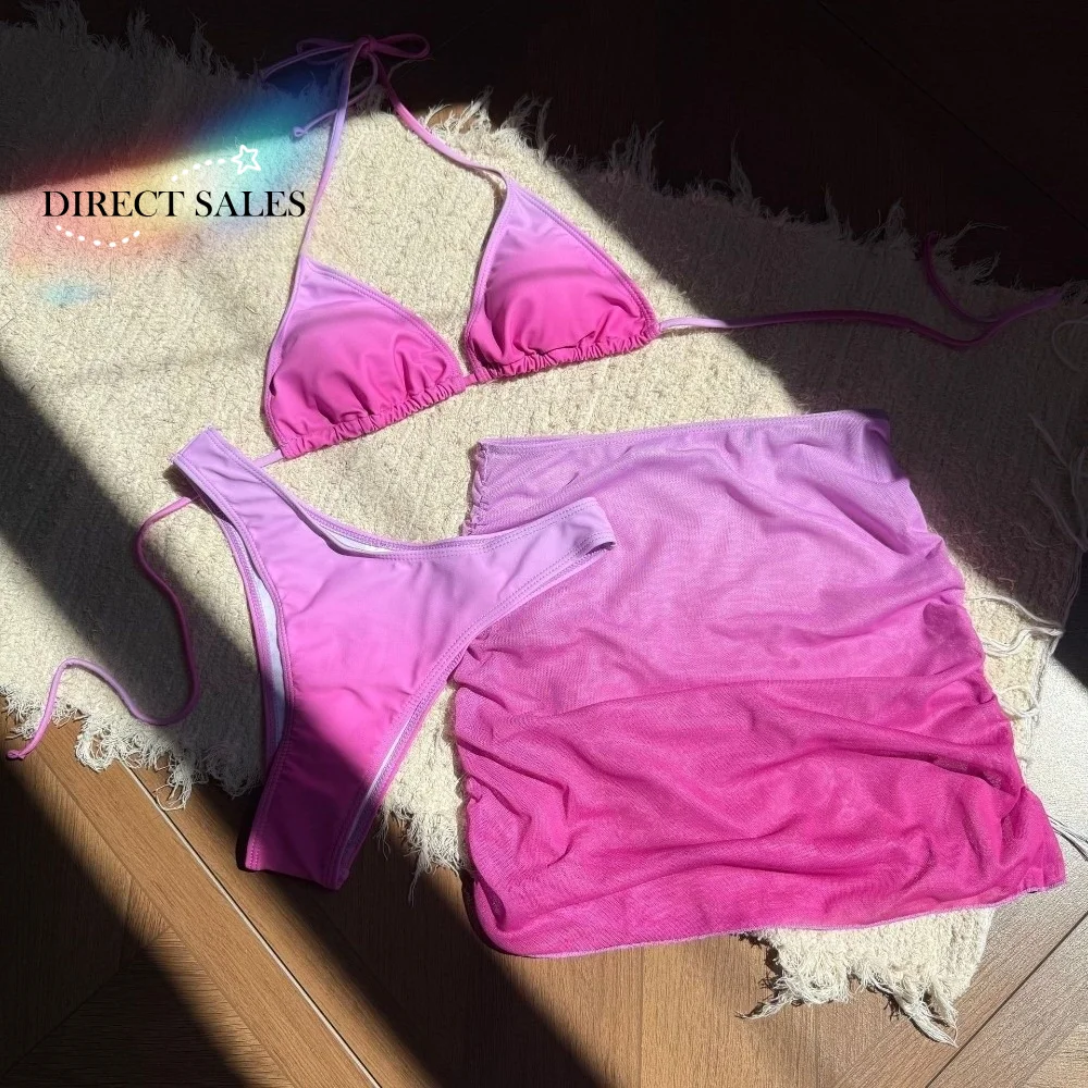 Lace Up 3 in 1 Gradient Color Swimwear Set Deep-V Slim Fit Bikini Bathing Suit Beachwear Clothing Sleeveless Swimsuit Beach