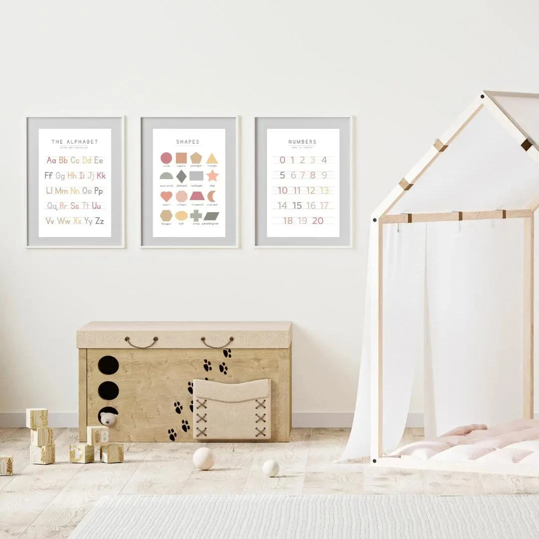 3pcs Gender-Neutral Alphabet and Number Learning Art Posters Educational Frameless Canvas Art for Children's Room and Home Decor