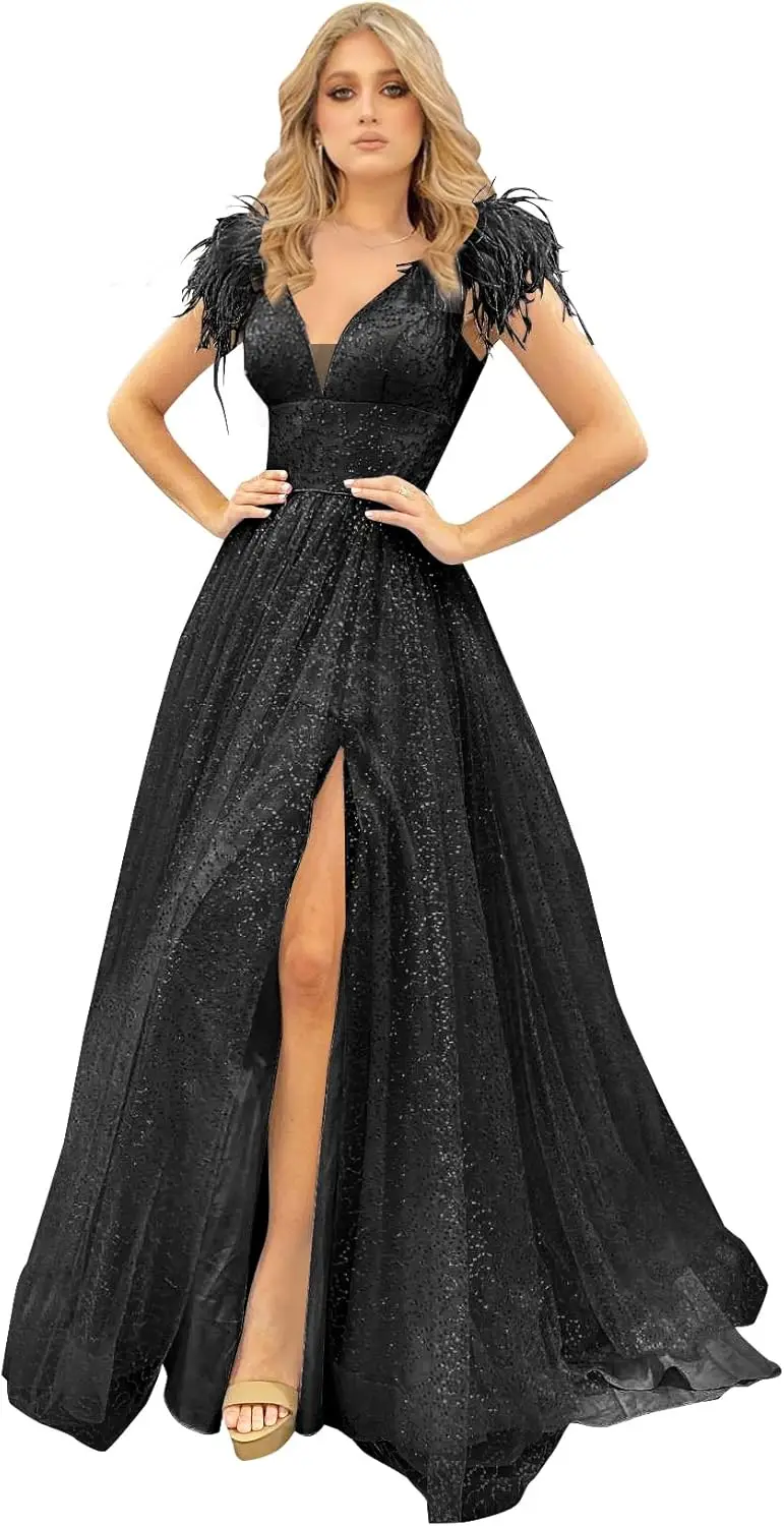 블랙 페더 프롬 드레스 스팽글 볼 가운 A라인 V넥 머메이드 정장 이브닝 드레스 웨딩 파티 가운 슬릿 포함