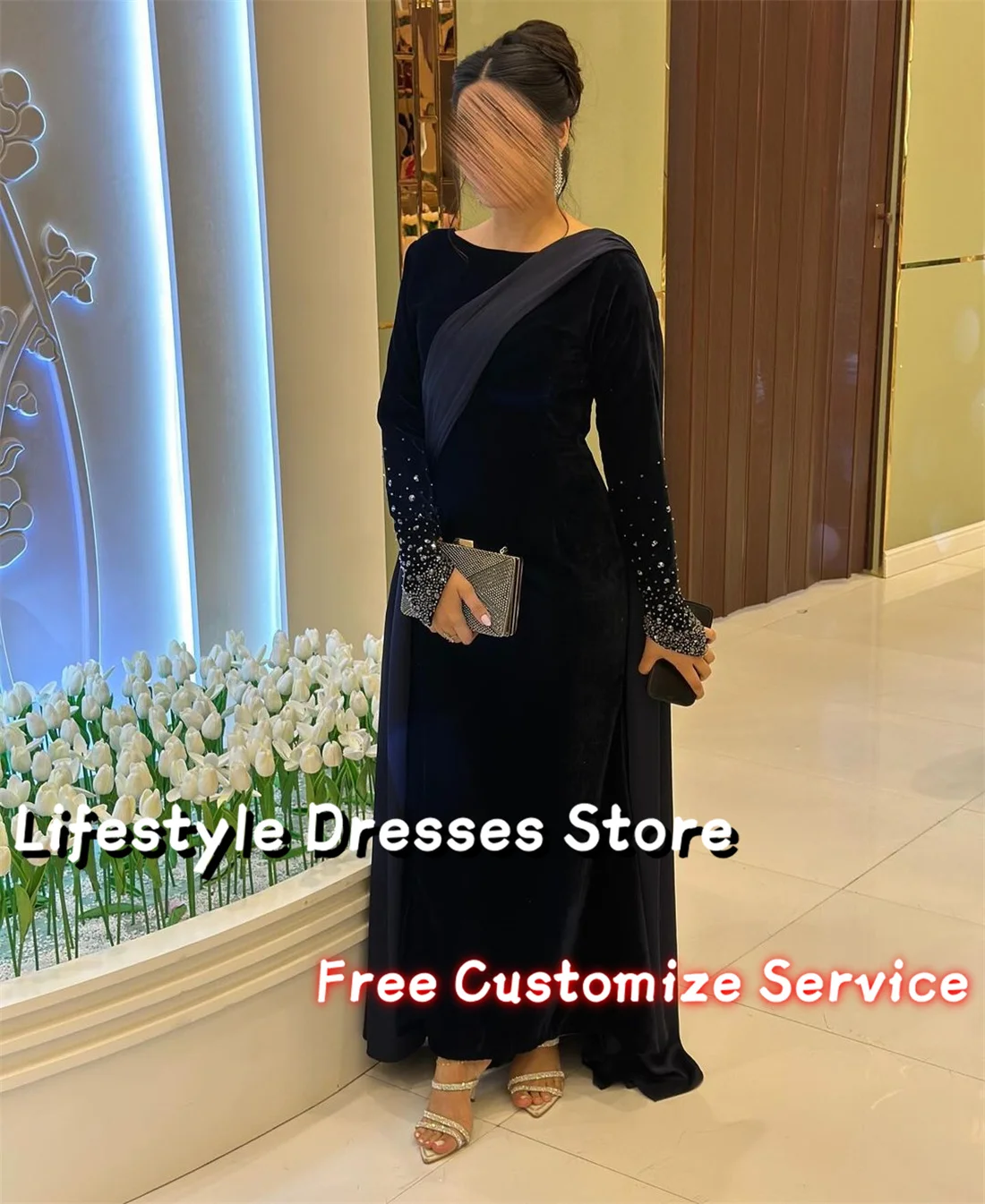 Customized Navy Blue Beads Long Sleeves Evening Dresses With Cape Mermaid Saudi Arabia Prom Gown Wedding Party Dress فساتين سهرة