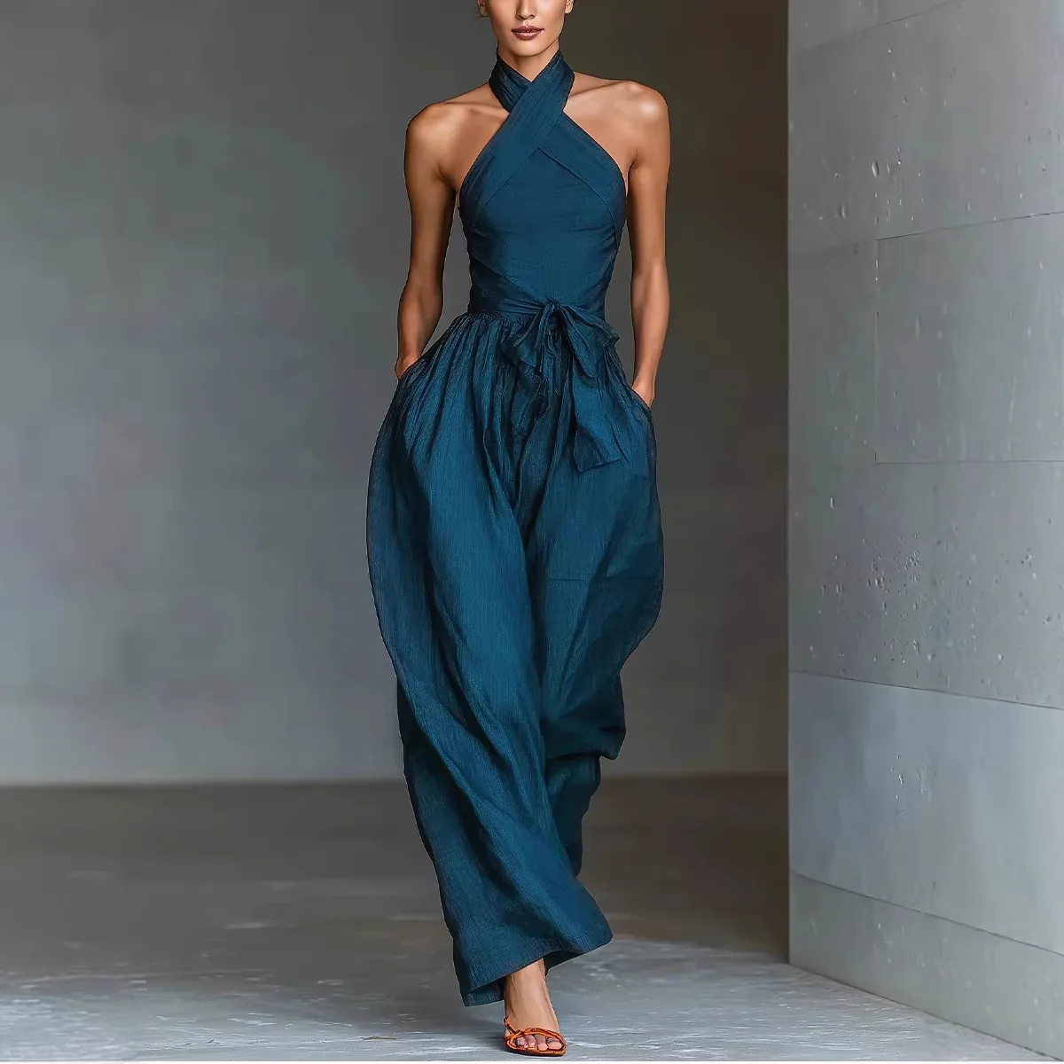 

Spring Elegant Women's Jumpsuits Sexy Ciss Cross Halter Backless Jumpsuit 2026 Summer High Waist Hollow Wide Leg Pocket Overalls