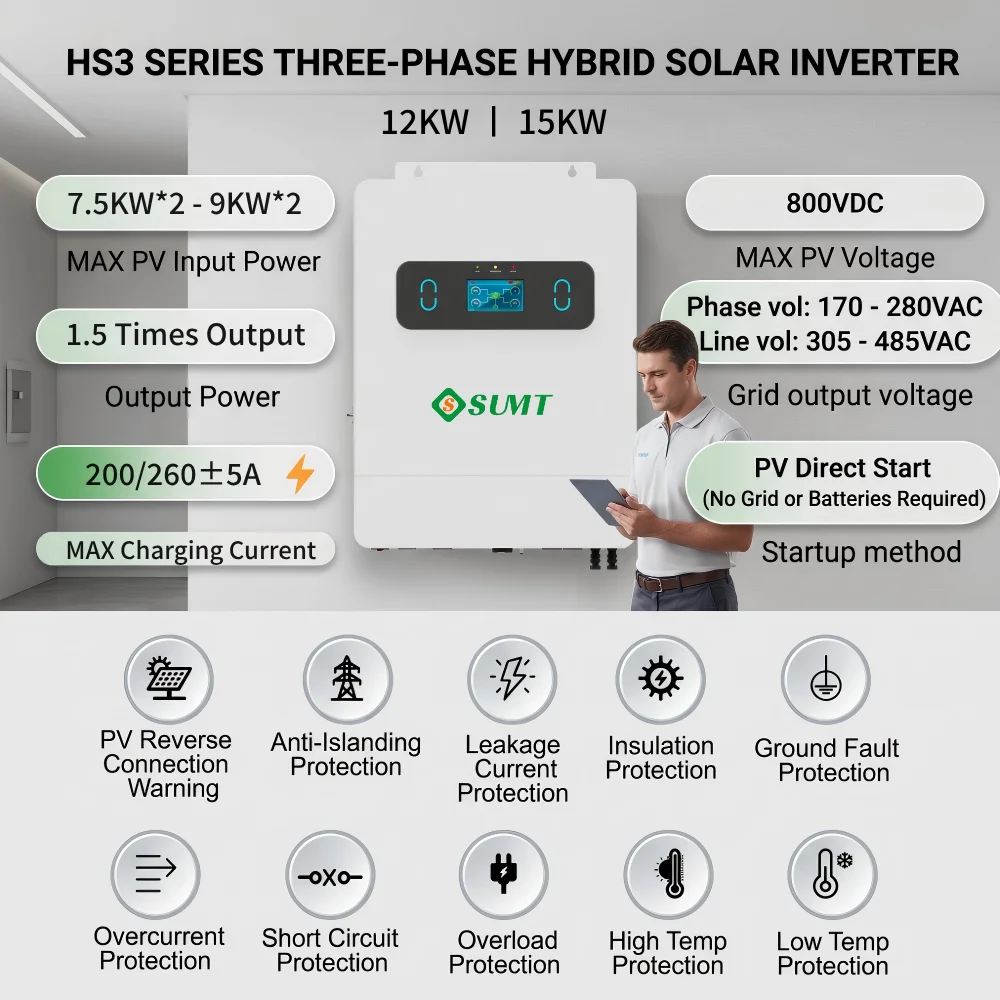 S SUMT HS3 12KW Hybrid Solar Inverter Three Phase 48V On Off Grid Inverter for Home Energy Storage System