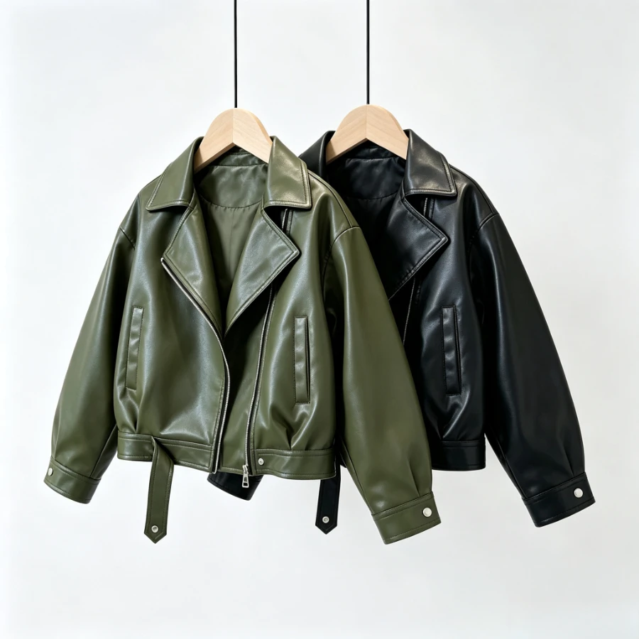 Kids Faux Leather Biker Jacket Boys Girls Lapel Zipper Motorcycle Coat Long Sleeve Outerwear Casual Fashion Fall Winter 4‑12Y