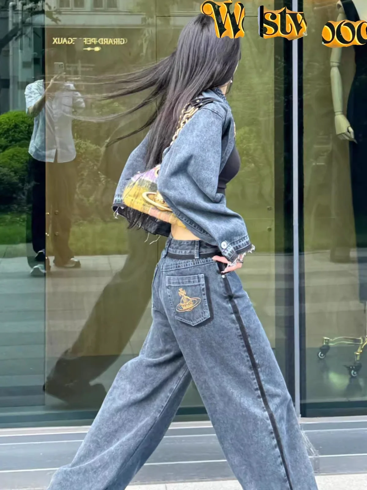 

Vivi Embroidered Denim Set ort Jaet with Frayed Collar Loose Floor-Length Jeans Vintage Sle Faion Set for Women