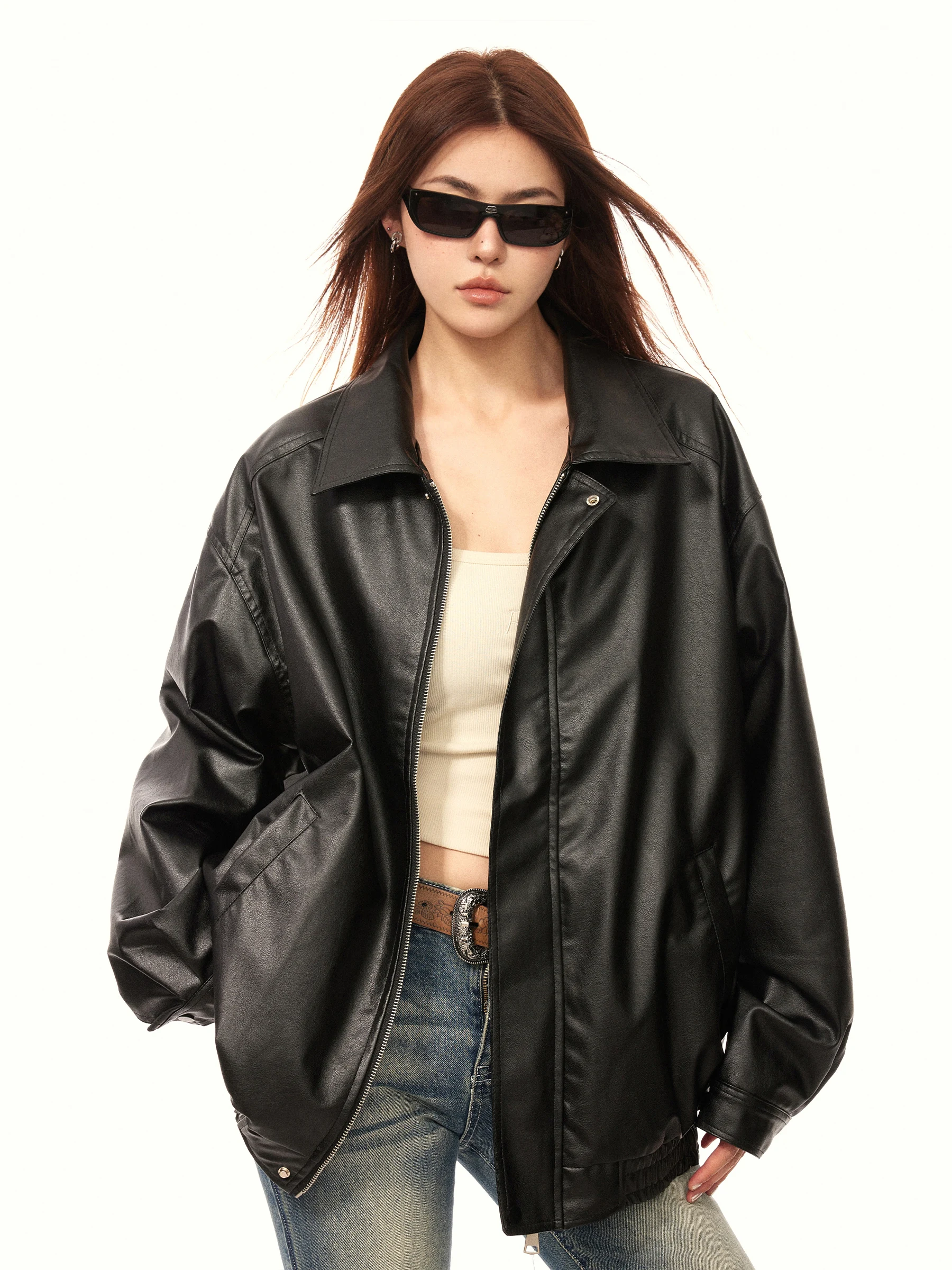 Aaisup الأمريكية Sle الرجعية الجلود Jaet المرأة فضفاضة طوق بولي معطف معطف جلد ربيع جديد Sle طويل Sve تخفيف الرياح