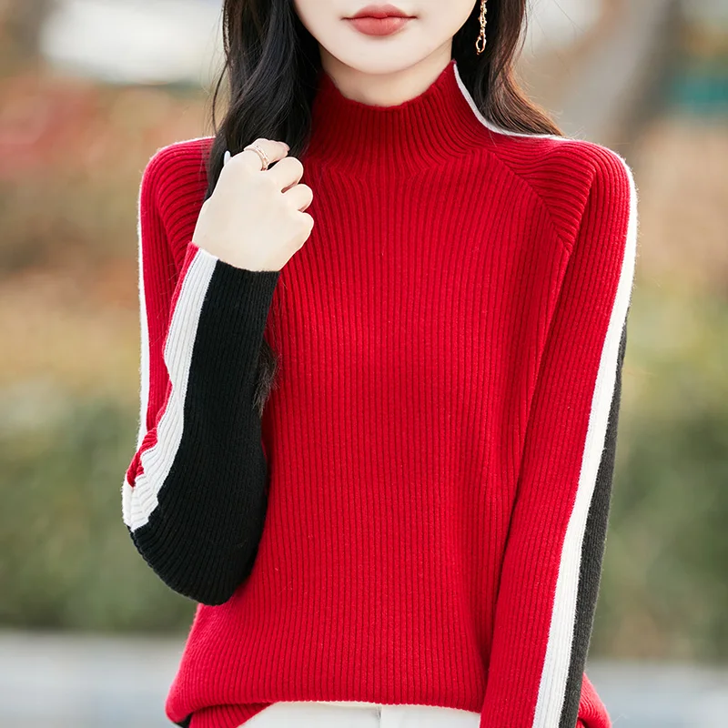 

2025 Spring/Autumn New Women's Half Turtleneck Colorblock Knitted Pullover 100% Merino Wool Sweater Casual Korean Tops Female
